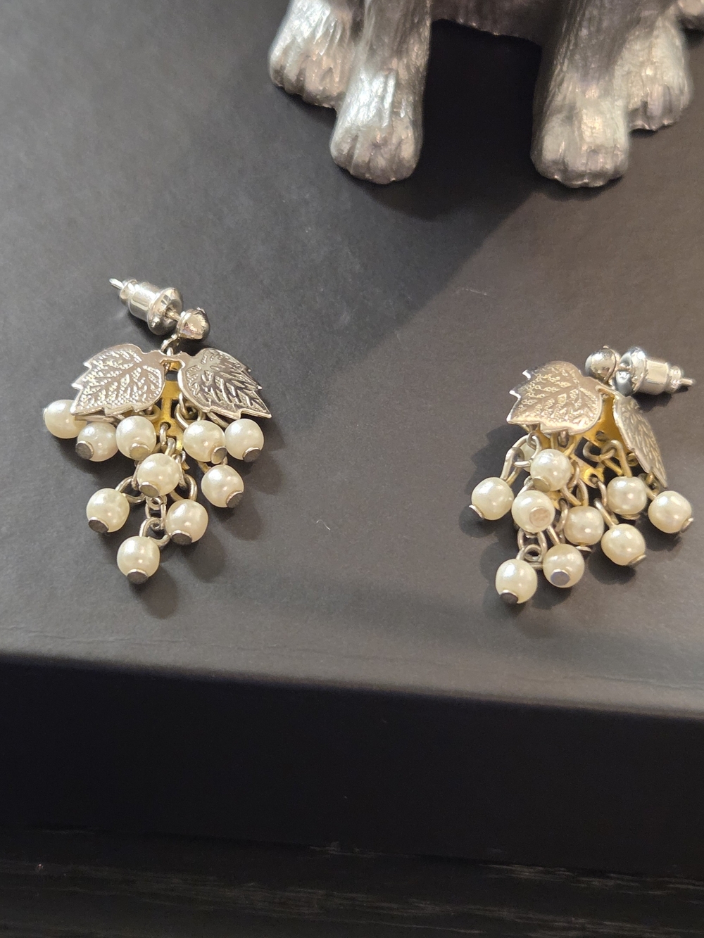 Vintage Silver Leaf Pearl Cluster Drop Earrings Cluster of Grapes